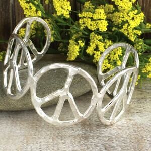 Hammered Peace Sign Cuff Bracelet - Silver Boho Statement Jewelry